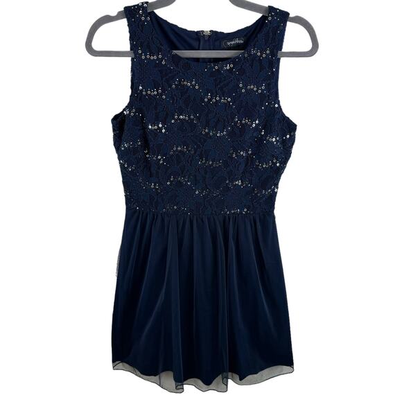 Speechless NWT Navy Blue Lace Gold Sequin Sleeveless Fit & Flare Mini Dress 5 - Picture 1 of 8